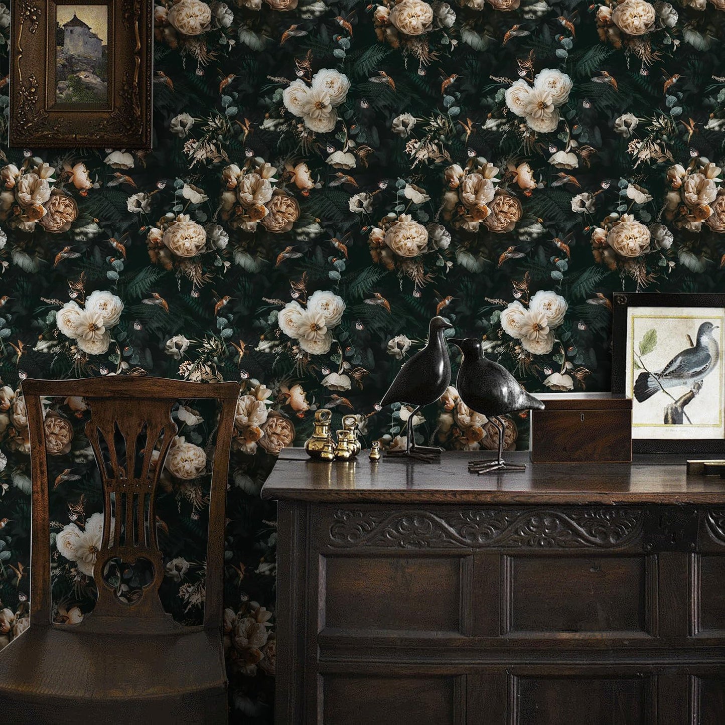 Floralplus Peel and Stick Wallpaper Removable Dark Floral Wallpaper 17.5 x 393 in Renter Friendly Wallpapers for Bedroom Accent Wall Black Floral Contact Paper Flower Wall Mural