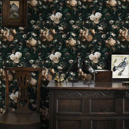 Floralplus Peel and Stick Wallpaper Removable Dark Floral Wallpaper 17.5 x 393 in Renter Friendly Wallpapers for Bedroom Accent Wall Black Floral Contact Paper Flower Wall Mural