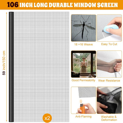18 Pcs 48"x118" Window Screen Repair Kit Included 2 Rolls Fiberglass Mesh 4"x30ft Screen Repair Tape 8 Clips with Spline, Double Wheel Roller, Hook, Measuring Tape, and Cutter for Door Window