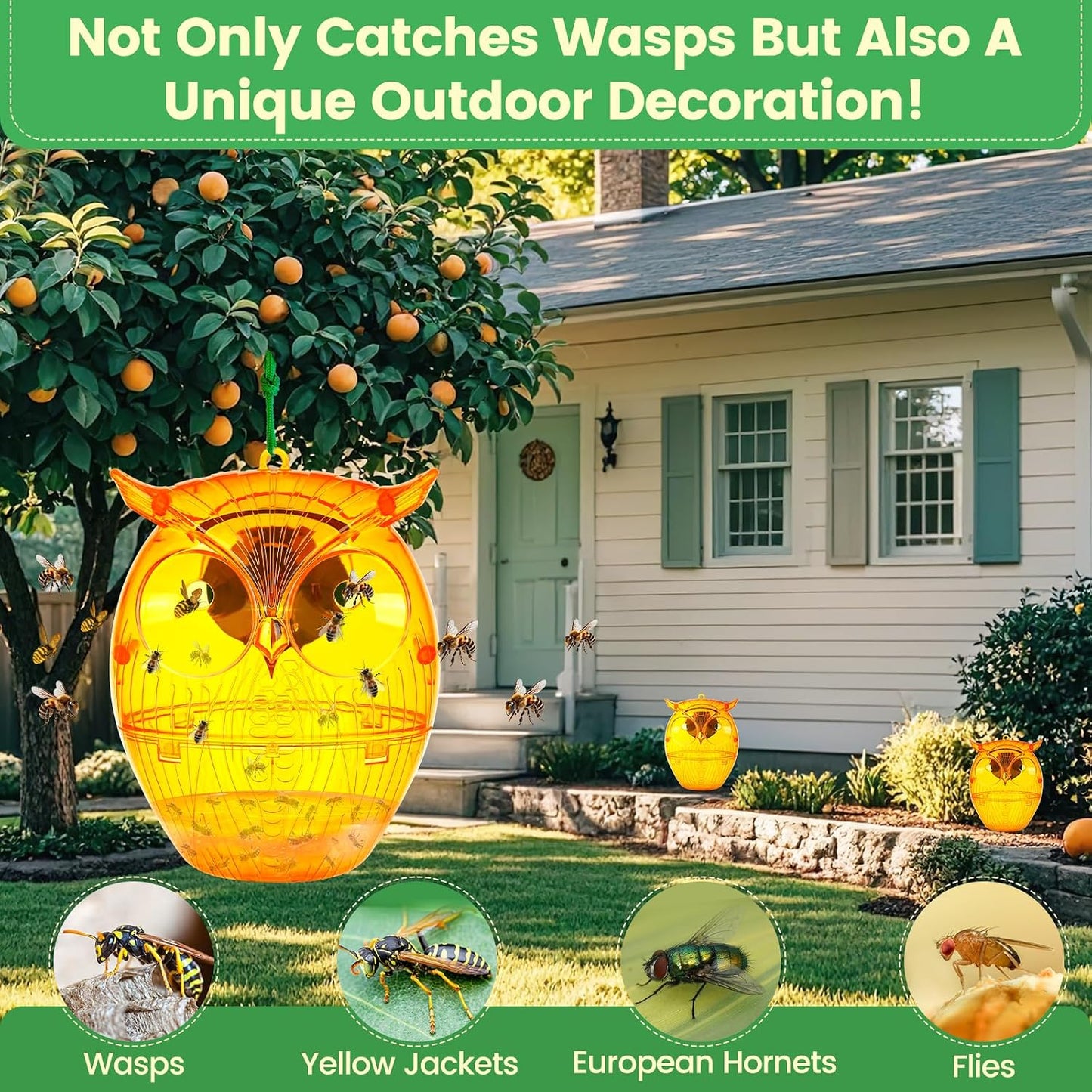Solar Wasp Trap, Owl-Shaped Outdoor Hanging Bee Catcher with Solar LED Light, Non-Toxic Reusable Trap for Wasps, Hornets & Yellow Jackets, 2 Pack - Orange, Ideal for Gardens & Yards