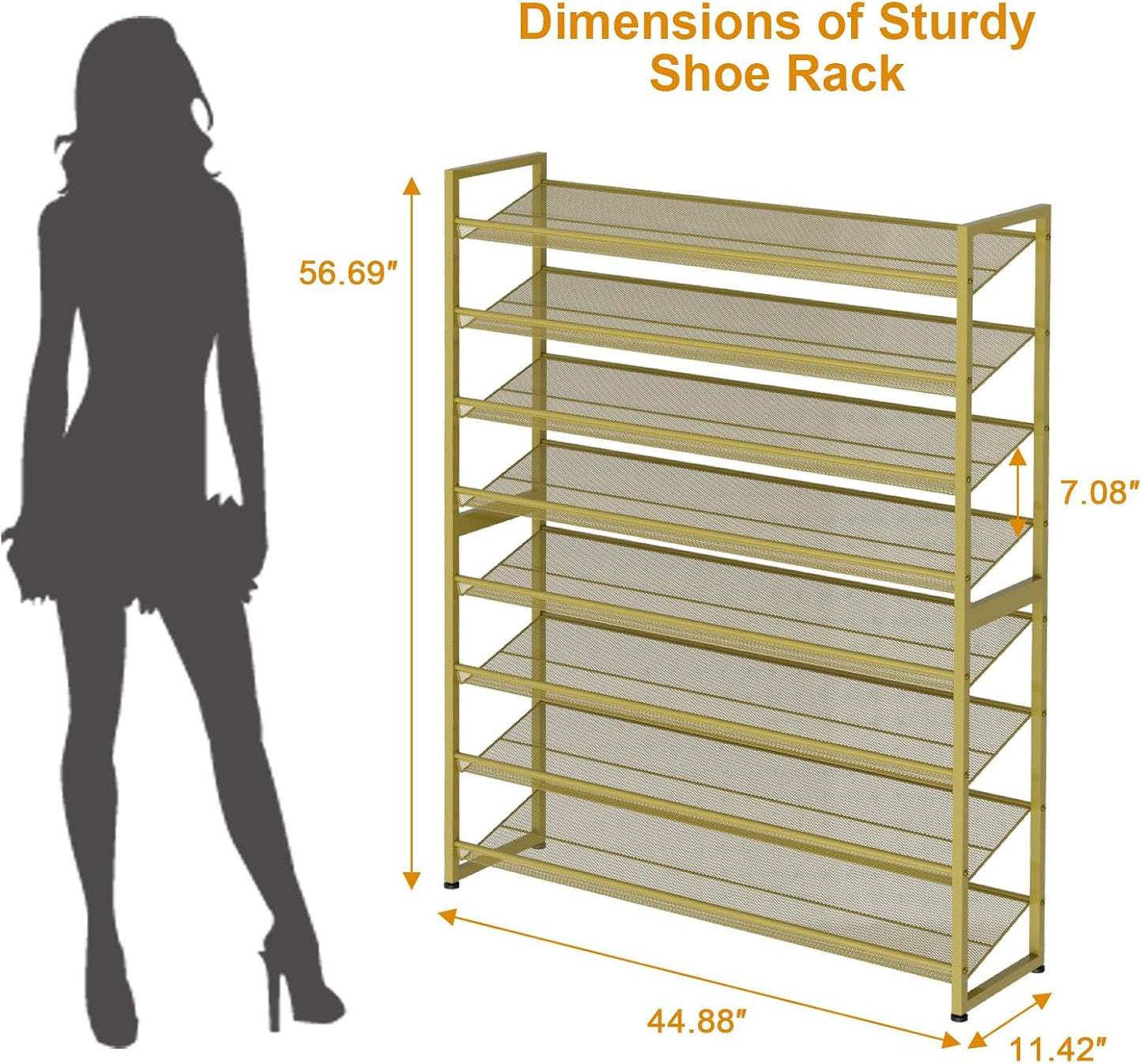 Large Shoe Rack 8 Tier Shoe Organizer, Heavy Duty Metal 4-Tier Stackable Shoe Storage Vertical Shoe Rack for Closet Front Door Entrance, Up to 50 Pairs, 44.8" W x 11.4" D x 56.7" H, Black