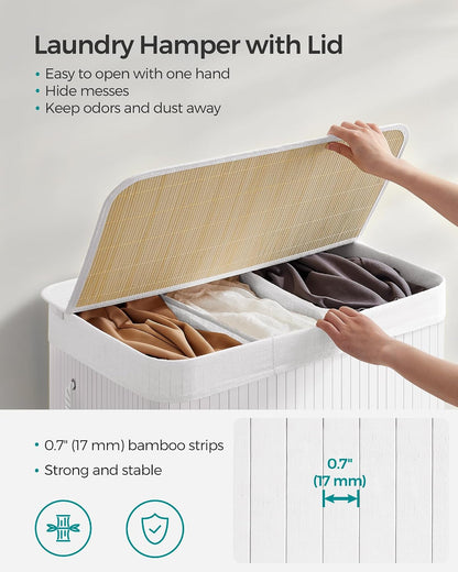 SONGMICS Laundry Hamper, 39.6 Gallons (150L), 3-Section Laundry Basket, Laundry Hamper with Lid, Bamboo, Foldable, Removable and Machine Washable Liner, for Laundry Room, Bedroom, White ULCB091W01