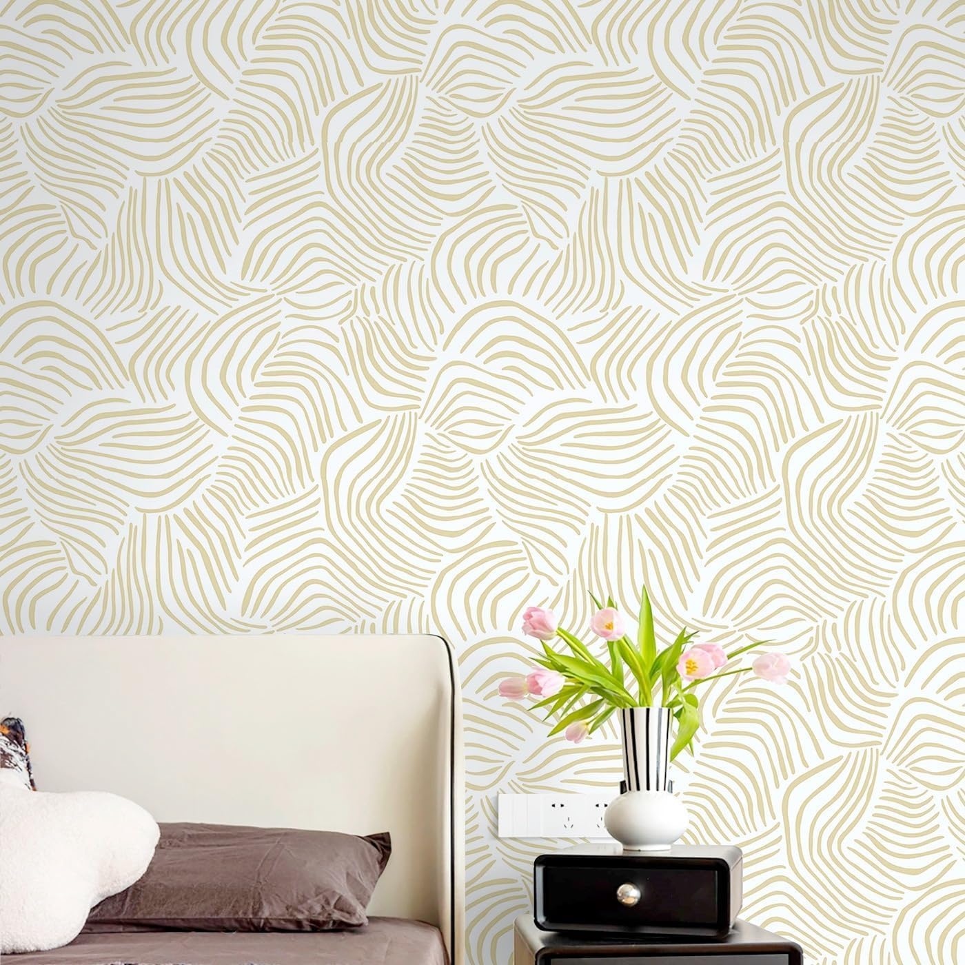 Dimoon 17.3" X 78.7" Peel and Stick Wallpaper Floral Contact Paper Boho Beige White Renter Friendly Natural Wall Paper Waterproof Removable Self Adhesive Wallpaper for Bedroom Livingroom Vinyl Roll