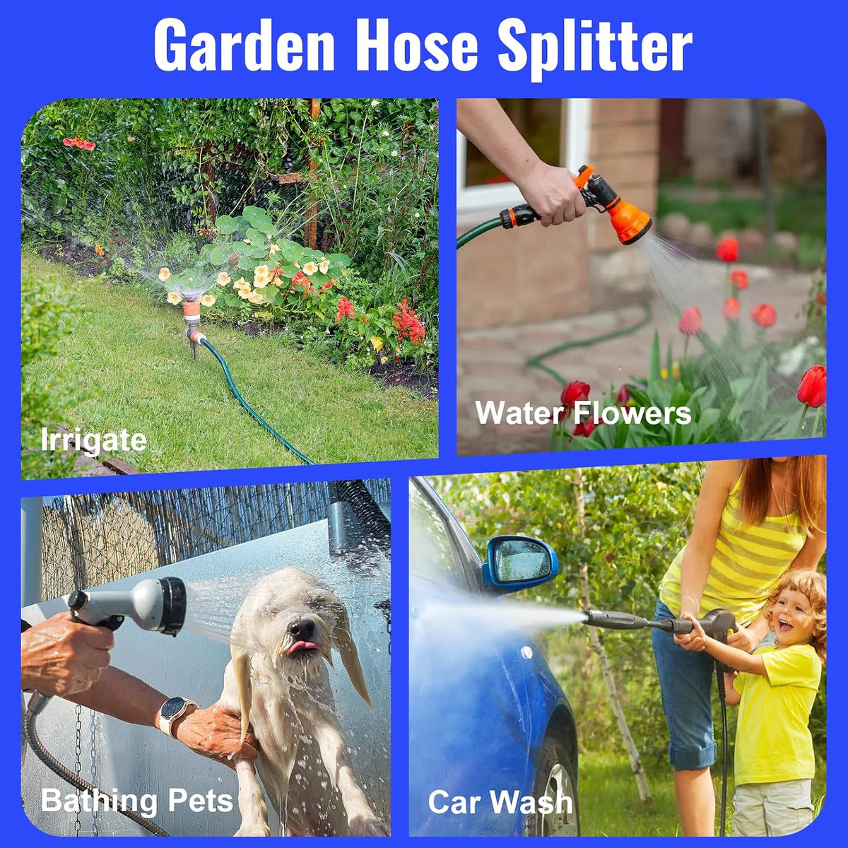2 Way Garden Hose Splitter, Stainless Steel, Heavy Duty 304 Stainless Steel Full Flow T Valve with Long Handle, Lead-Free Rust & Freeze Resistant, 3/4" GHT Thread Outdoor Water Hose Adapter