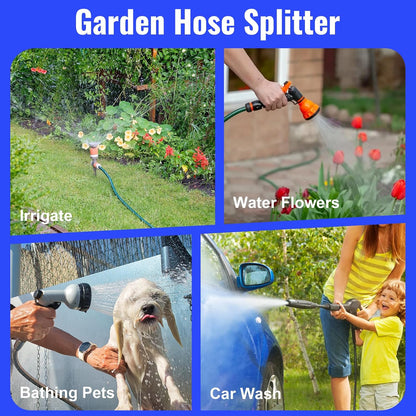 2 Way Garden Hose Splitter, Stainless Steel, Heavy Duty 304 Stainless Steel Full Flow T Valve with Long Handle, Lead-Free Rust & Freeze Resistant, 3/4" GHT Thread Outdoor Water Hose Adapter
