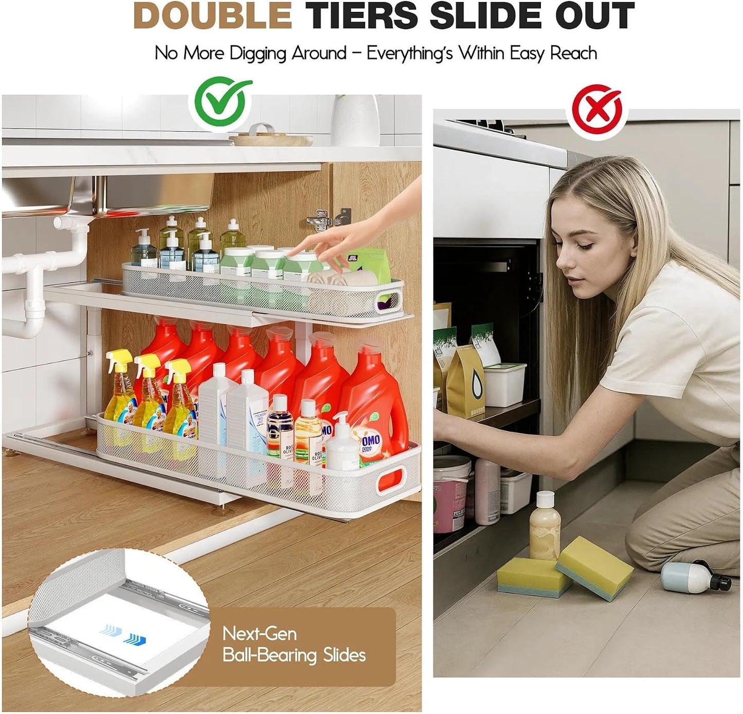 2-Pack Under Sink Storage Organizer with 2-Tier Slide Out Drawer, Sophisticated Mesh Pull Out Shelf for Kitchen & Bathroom, Fits Small Items, Upgraded Arched Track for Smooth Gliding(Patented)