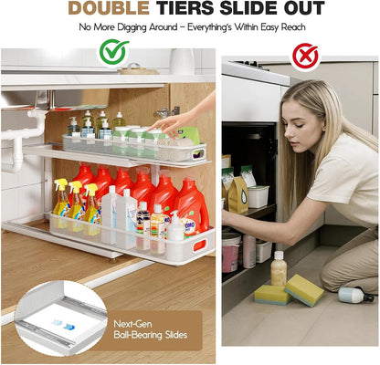 2-Pack Under Sink Storage Organizer with 2-Tier Slide Out Drawer, Sophisticated Mesh Pull Out Shelf for Kitchen & Bathroom, Fits Small Items, Upgraded Arched Track for Smooth Gliding(Patented)
