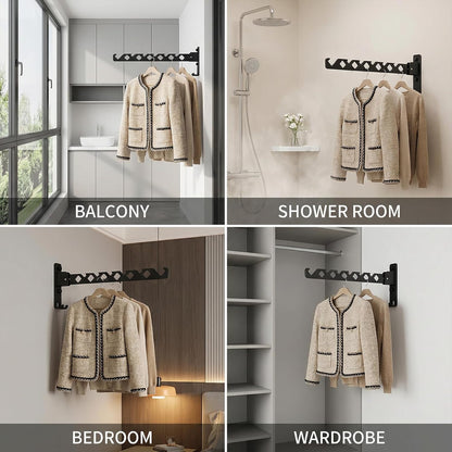 Wall Mounted Clothes Hanger Rack, Heavy Duty Folding Garment Hooks with Swing Arm, Space Saving Laundry Drying Organizer for Bathroom Bedroom, Black 3-Pack