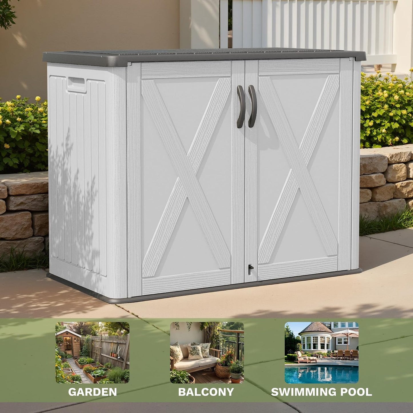 Patiowell 26 Cu.ft Outdoor Storage Cabinet with Lockable Door, Waterproof Horizontal Storage Shed for Tools and Patio Furniture, All-Weather Resin Shed Easy Assemble for Pool or Backyards, Brown