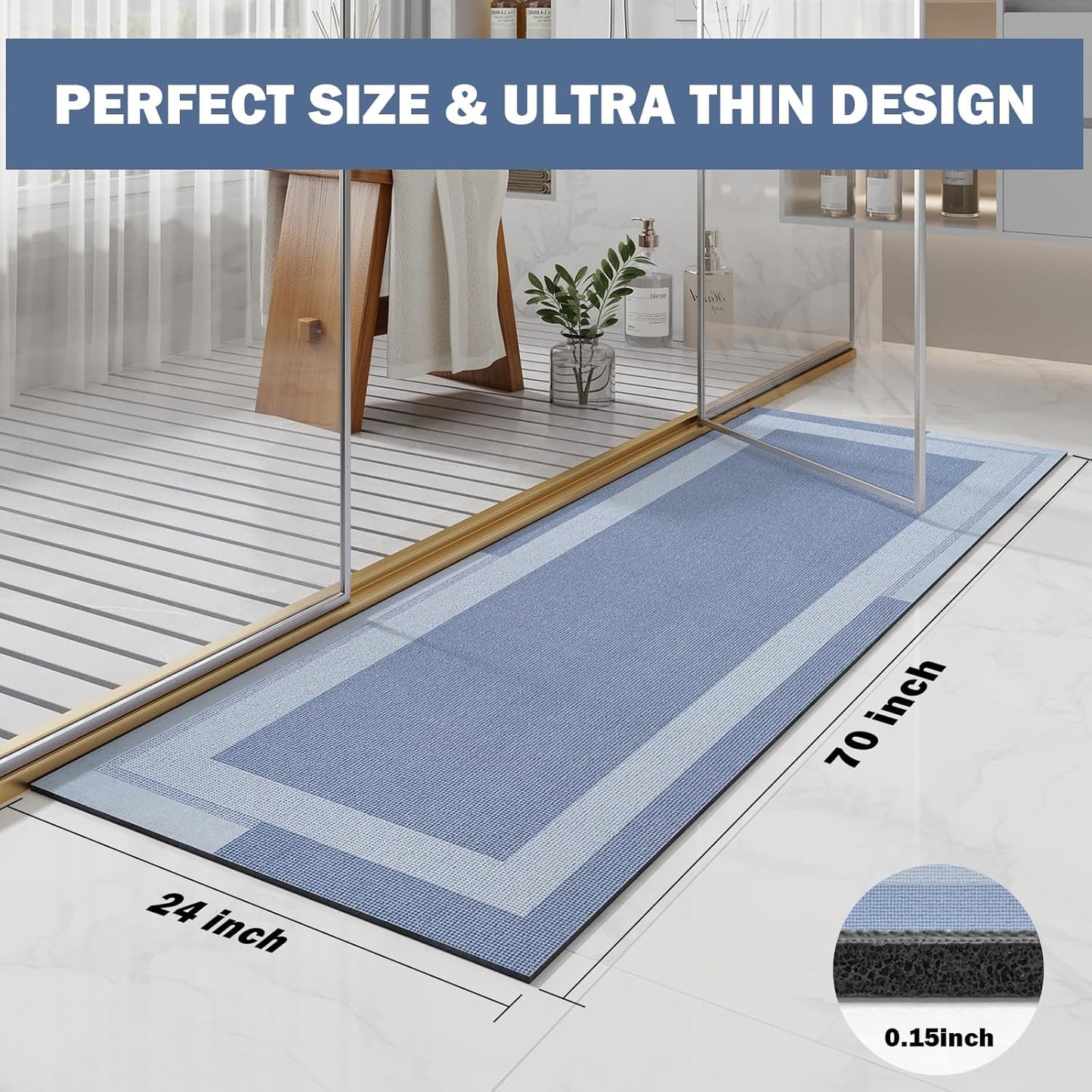 YDKGL Non Slip Bath Mat, Rubber Backing Ultra Thin Bathroom Rugs Fit Under Door Quick Dry Super Absorbent Washable Bath Rug Shower Mat for Bathroom Floor Bathtub Shower Sink, Easy Care Blue 16"x 24"