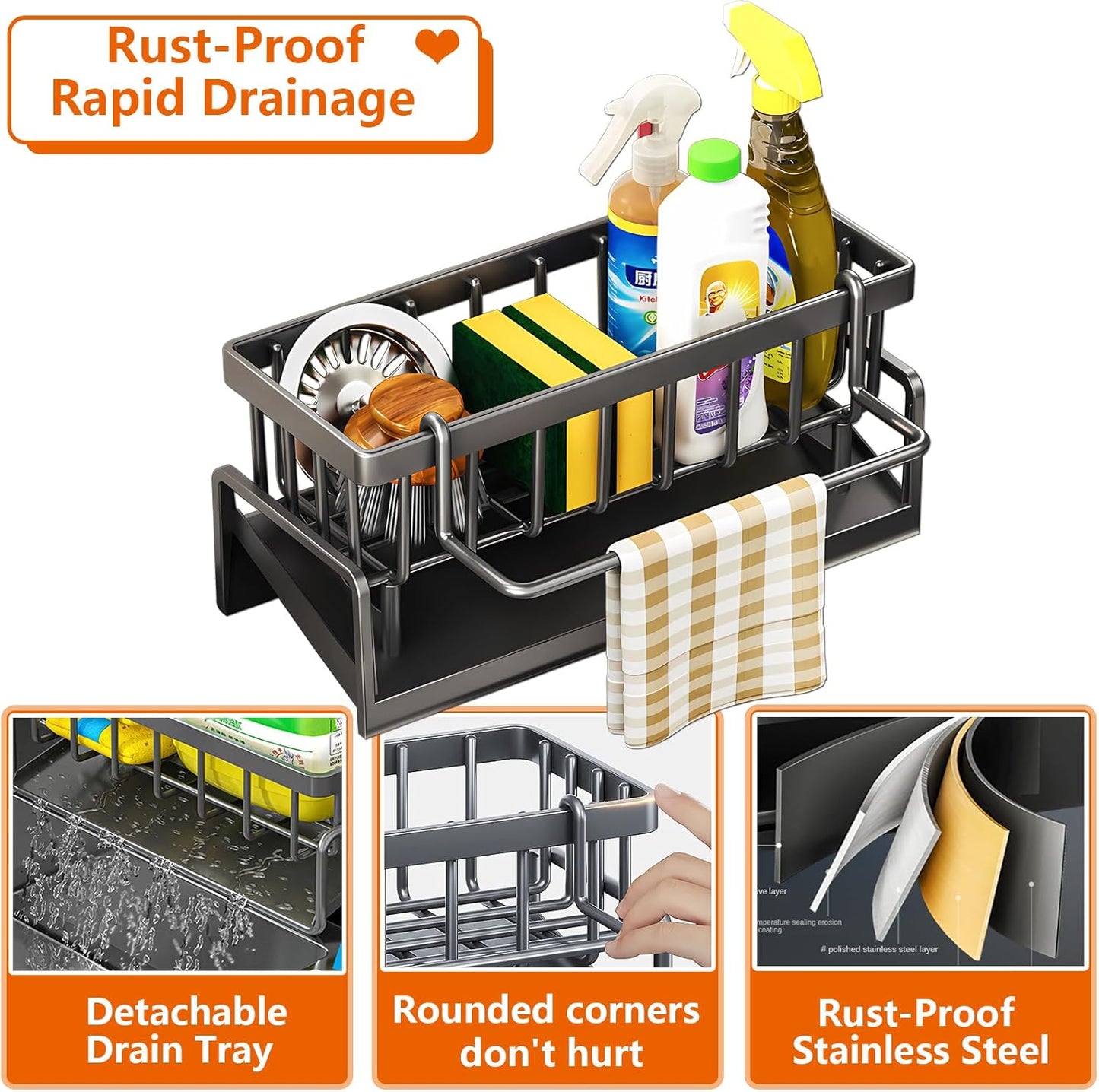 Kitchen Sink Caddy Organizer, Stainless Steel Sink Sponge Holder,45°Tilt Self-Drainage, Sponge Drain Rack with Dish Brush Holder,Removable Dishcloth Rack for Kitchen Storage Dispenser,Grey