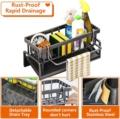 Kitchen Sink Caddy Organizer, Stainless Steel Sink Sponge Holder,45°Tilt Self-Drainage, Sponge Drain Rack with Dish Brush Holder,Removable Dishcloth Rack for Kitchen Storage Dispenser,Grey