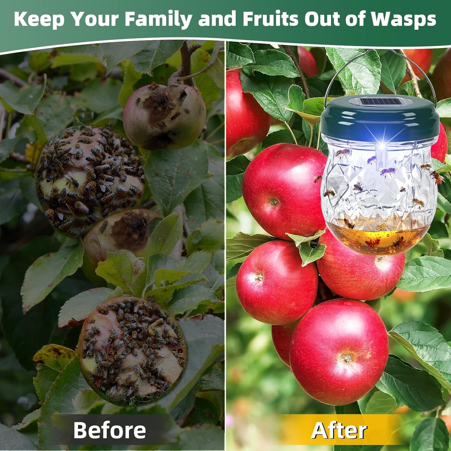 2026 Solar Wasp Traps Outdoor Hanging 4 Pack - Reusable Yellow Jacket Trap & Bee Catcher with LED Light, IP65 Waterproof Hornet & Fly Deterrent for Patio, Porch, Backyard Defense