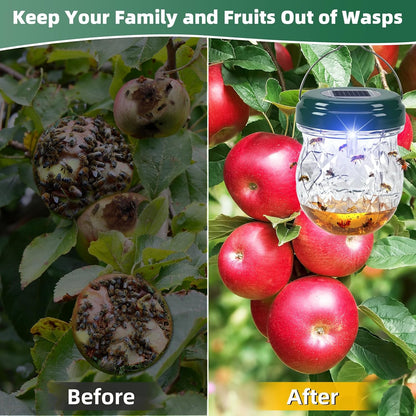 2026 Solar Wasp Traps Outdoor Hanging 4 Pack - Reusable Yellow Jacket Trap & Bee Catcher with LED Light, IP65 Waterproof Hornet & Fly Deterrent for Patio, Porch, Backyard Defense