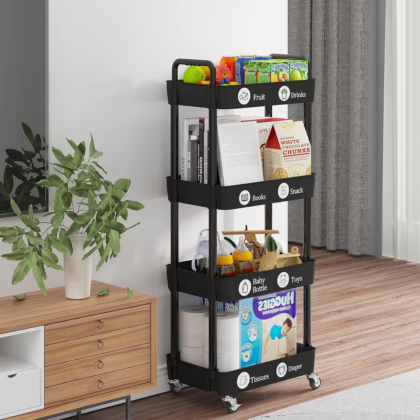 Laiensia 3-Tier Rolling Cart with Wheels,Multifunction Utility Storage Carts, Kitchen Storage Organizer,Mobile Shelving Unit for Bathroom,Laundry,with Classified Stickers,White