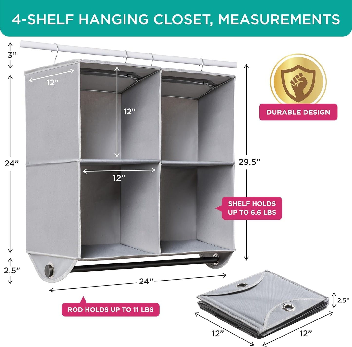 HOLDN’ STORAGE Hanging Closet Organizer with Garment Rod – Heavy Duty 4-Shelf Hanging Shelves for Clothes, Sweaters & Shoes, Reinforced 600D Fabric Storage Unit with Built-in Clothing Rod, Grey