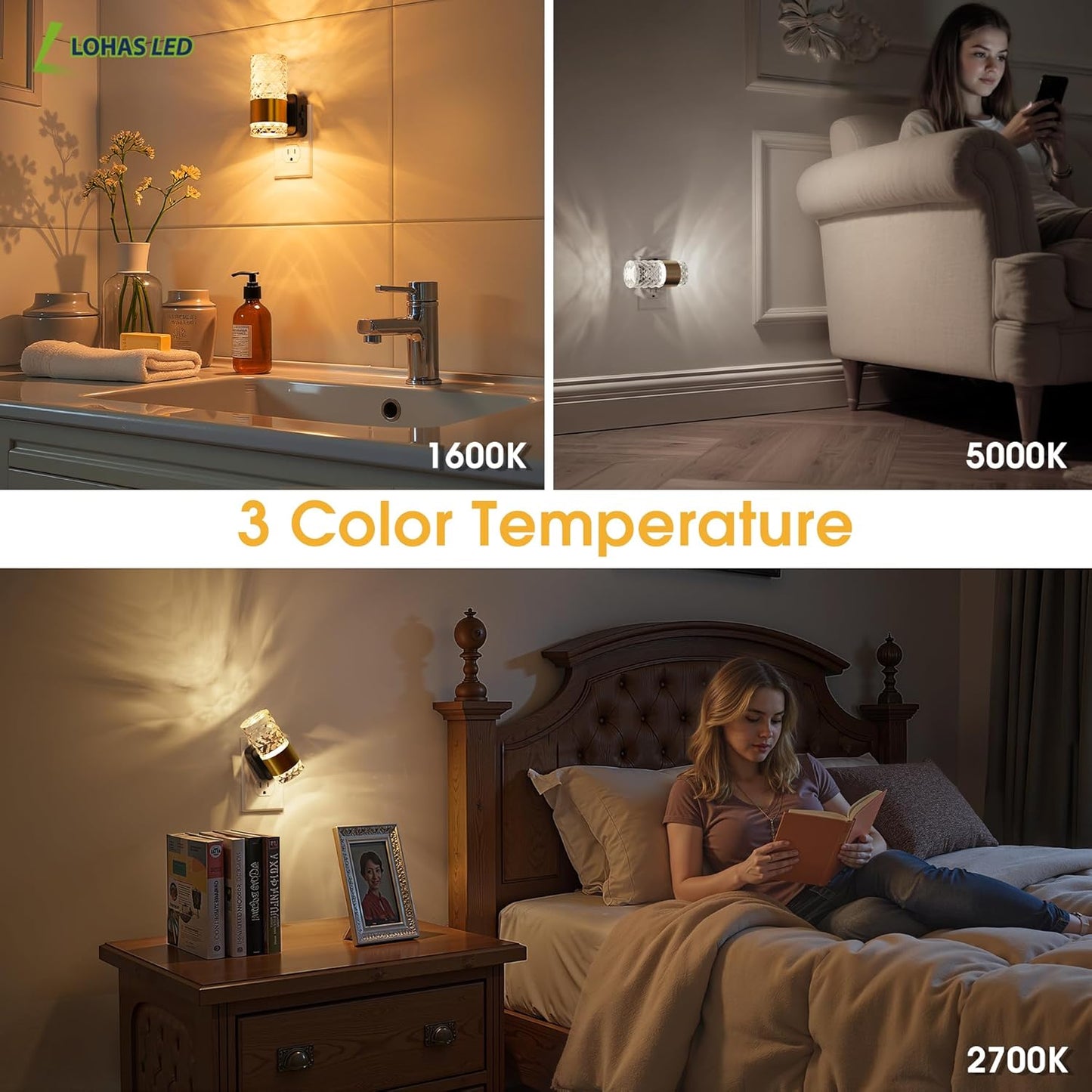 L LOHAS LED Night Light,Dimmable Night Lights Plug into Wall, 2 Pack Acrylic Nightlight with 0-100 LM Adjustable Brightness, 3000K Plug in Night Light with Dusk to Dawn Sensor, for Bathroom Hallway