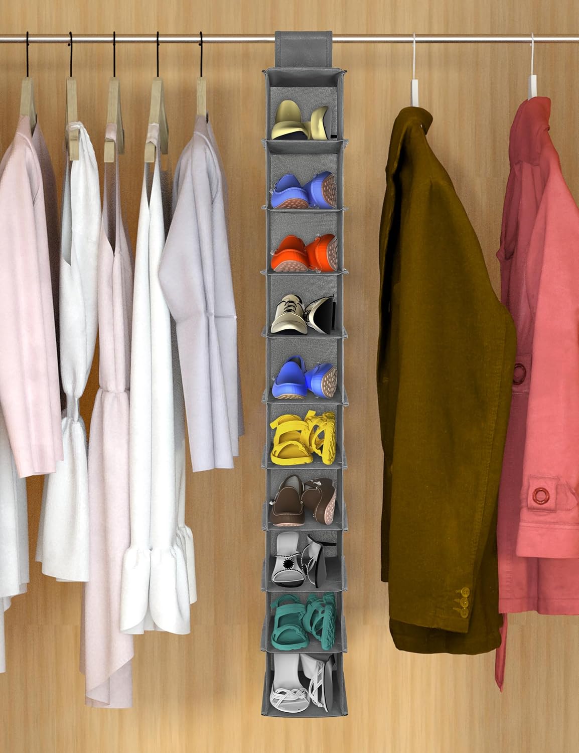 Libeder Hanging Shoe Organizer, 10-Shelf Closet Organizer with 6 Mesh Side Pockets