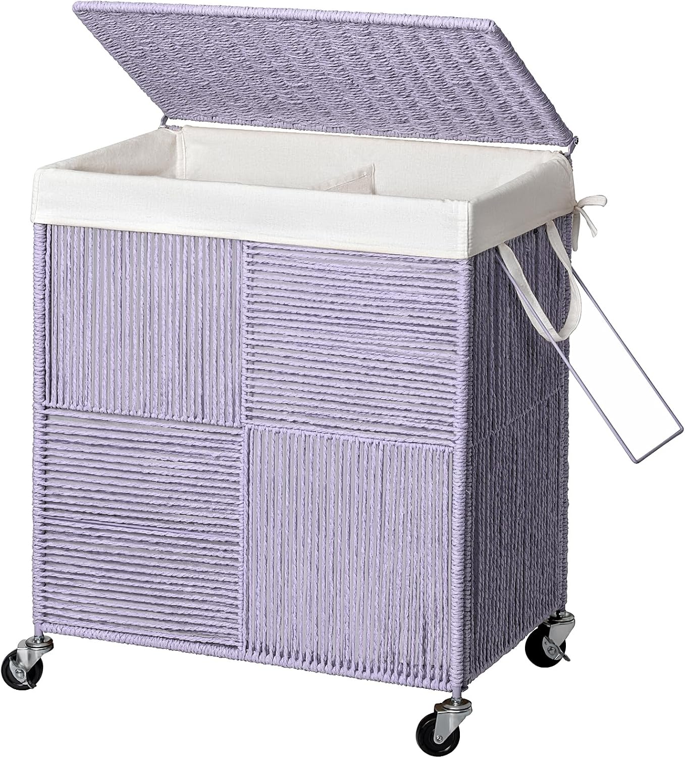 WOWLIVE Double Laundry Hamper with Lid, Handwoven Rolling Laundry Basket with Wheels, 115L Dirty Clothes Hamper with Removable Liner Bag Large Capacity Laundry Sorter Laundry Room Organization,Natural