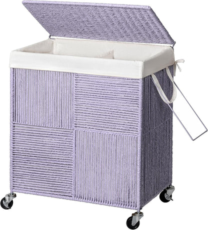 WOWLIVE Double Laundry Hamper with Lid, Handwoven Rolling Laundry Basket with Wheels, 115L Dirty Clothes Hamper with Removable Liner Bag Large Capacity Laundry Sorter Laundry Room Organization,Natural