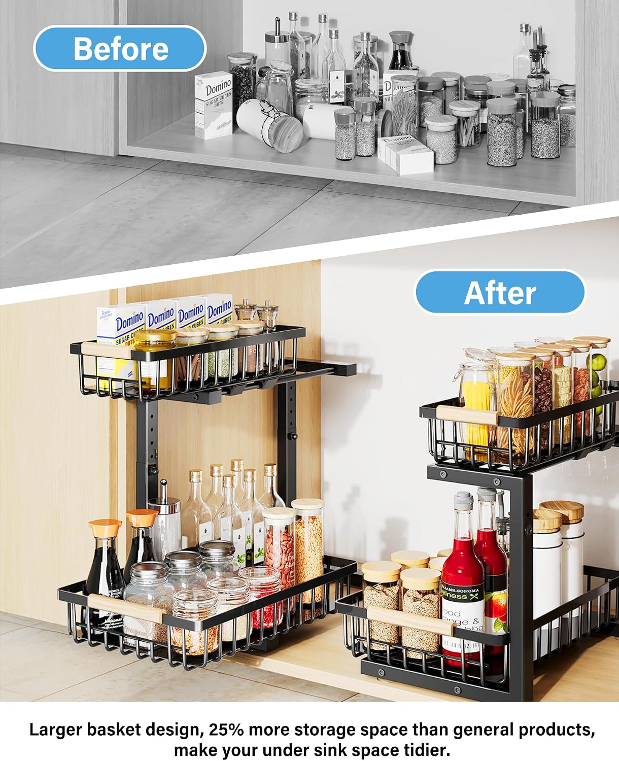 Under Sink Organizer Storage for Families: Pull Out Storage Undersink Organizers Drawer Cabinet - Sliding 2 Tier Rack Metal Organization Under Counter Kitchen Bathroom for Homemakers(White,1 Pack)