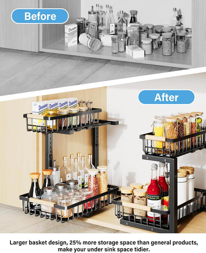 Under Sink Organizer Storage for Families: Pull Out Storage Undersink Organizers Drawer Cabinet - Sliding 2 Tier Rack Metal Organization Under Counter Kitchen Bathroom for Homemakers(White,1 Pack)