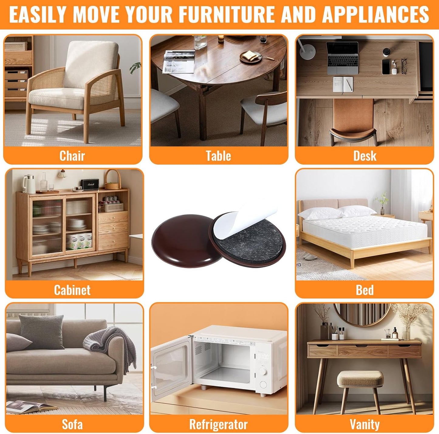 12Pcs 2 inches Stick Furniture Sliders, Furniture Moving Pads Heavy Duty Adhesive Furnitures Movers for Easy Moving on Carpet Hardwood (Coffee)