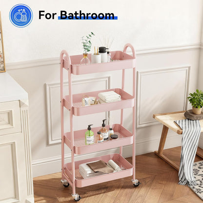 NEWBULIG 3-Tier Rolling Storage Cart, Metal Mobile Utility Organizer Shelf with Lockable Wheels, Space-Saving Freestanding Storage for Bathroom Living Room and Narrow Corner Spaces, Green