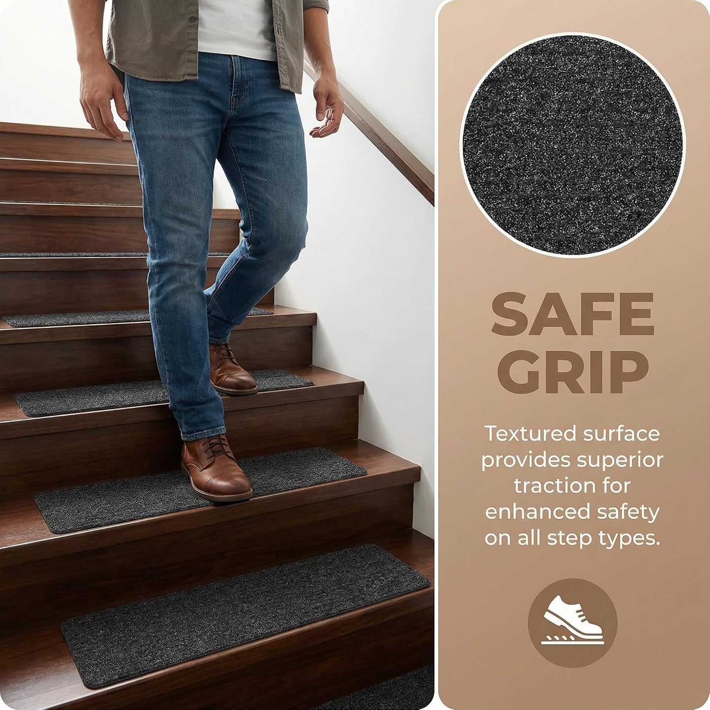 DECHOUS 2Pcs Non-Slip Stair Treads Carpet for Wooden Steps Indoor Self Adhesive Black Stair Runner Carpet Treads 8" x 30" Step Grips for Kids Elders Pets