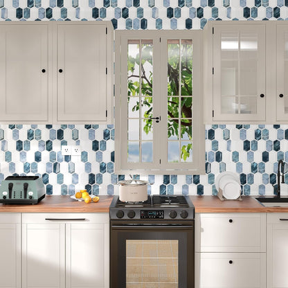 10-Sheet Backsplash Peel and Stick Tile Faux Marble 12"x12" White Blue Long Hexagon Self-Adhesive Glossy Heat Resistant Waterproof 3D Wall Panel Stick on Backsplash Kitchen Bathroom RV Fireplace