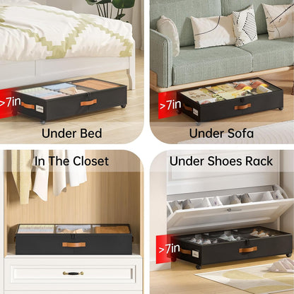 Yecaye Under Bed Storage with Wheels, 2 Pack Under Bed Storage Containers with Adjustable Dividers & Clear Lid, Rolling Underbed Organizer Bins Drawer for Clothes, Shoes, Blankets(30.3 x 16 x 6.7in)