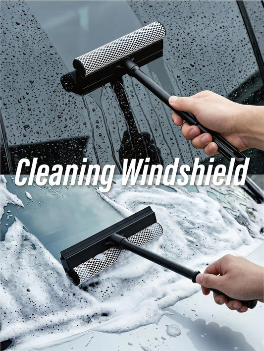 2 in1 Window Squeegee for Car, Window Cleaning Tool with 16inch Long Handle,Sponge Car Window Squeegee for Gas Station, Glass,Shower,Outdoor High Window Cleaning