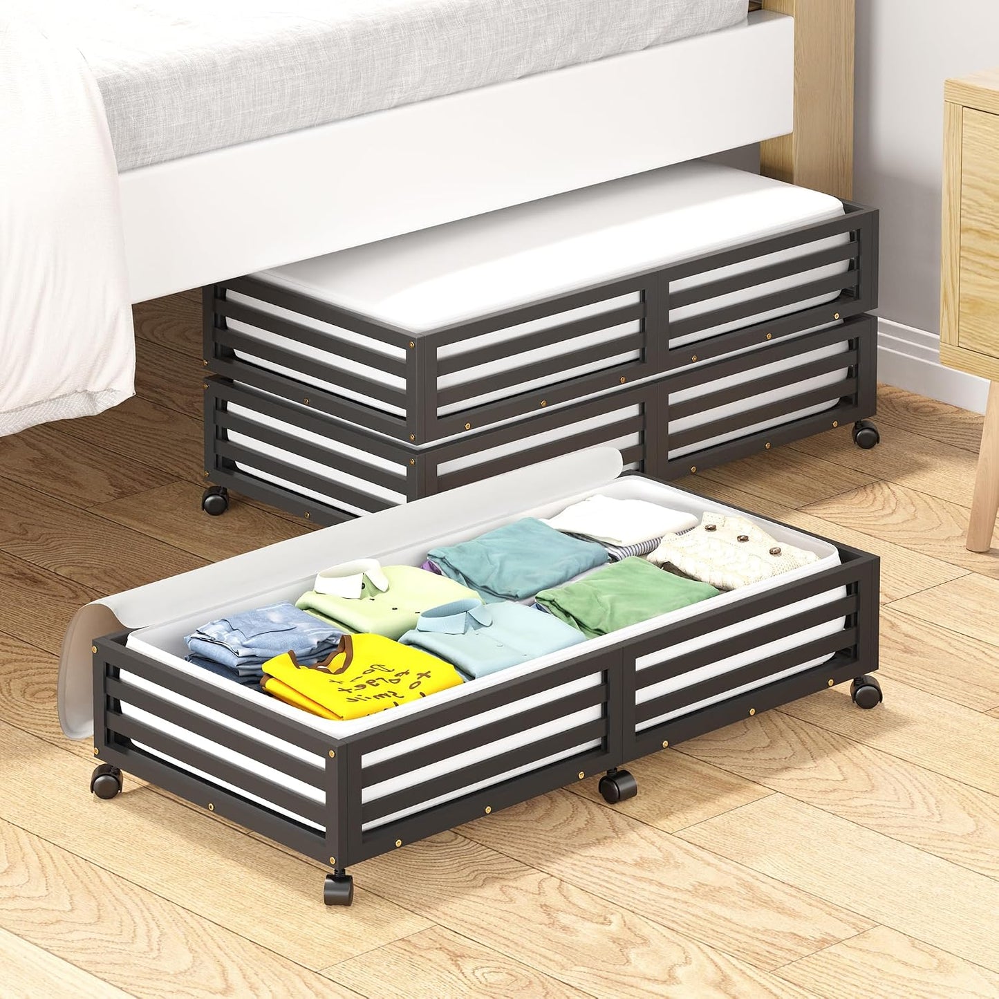 Wisuce 2 Packs Bamboo Under Bed Storage Organizer with Wheels White Small | 360° Lockable Wheels,120lbs Load Capacity, Multi-scene ,Dustproof Clear Storage Bag, Large Capacity,Easy Quick Assembly