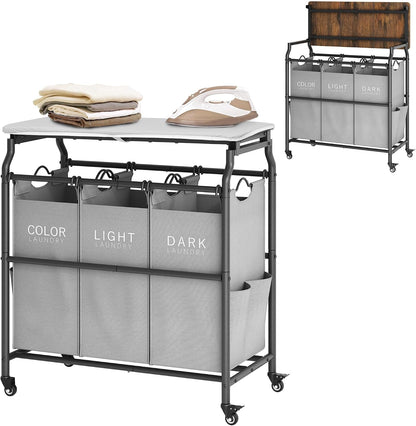 Hoctieon 3 Section Laundry Sorter Cart with Ironing Board, Laundry Hamper with Shelf and Rolling Wheels, Heavy Duty Laundry Basket Organizer, Large Clothes Separator Hamper with Removable Bags, Black
