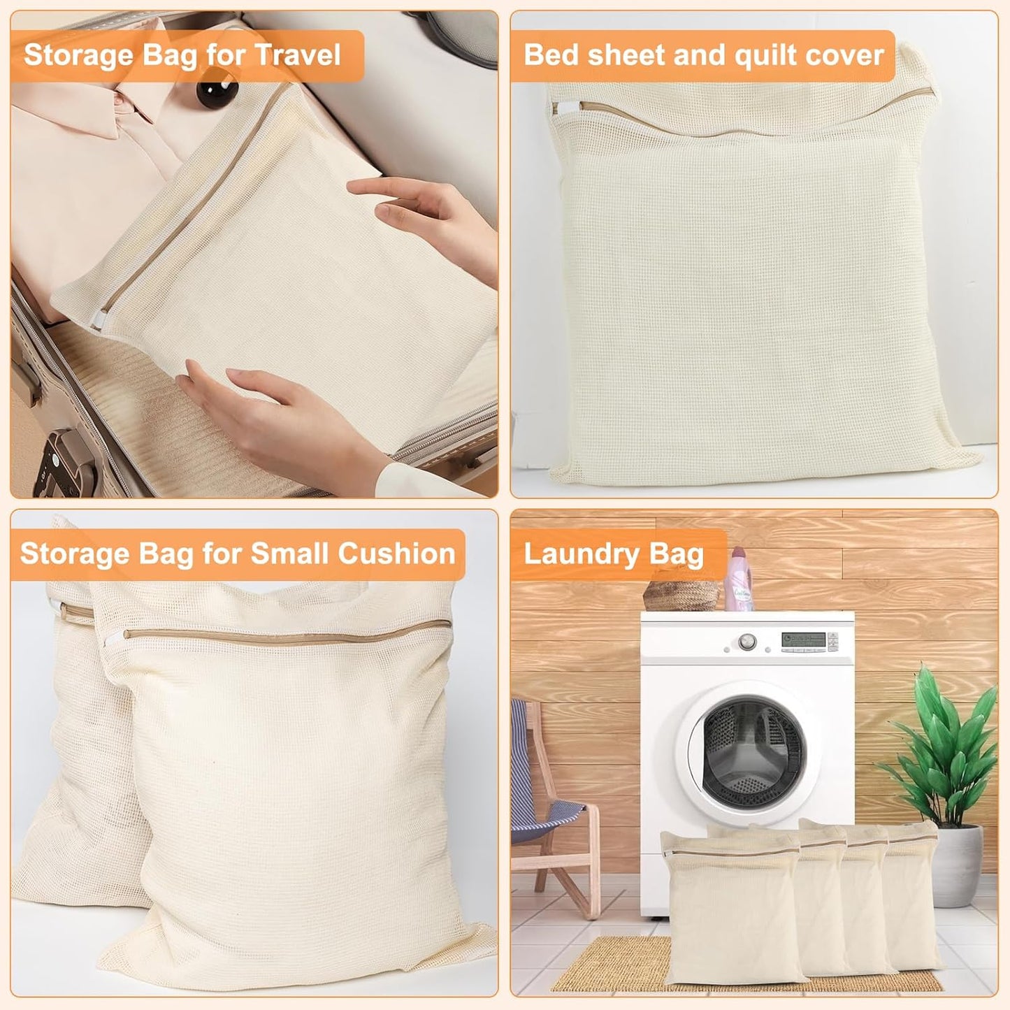 3-piece set extra-large 20×23.6 inch durable organic cotton mesh laundry bags, with sturdy zippers and breathable mesh, perfect for delicate items like underwear, clothes, pants, and socks.
