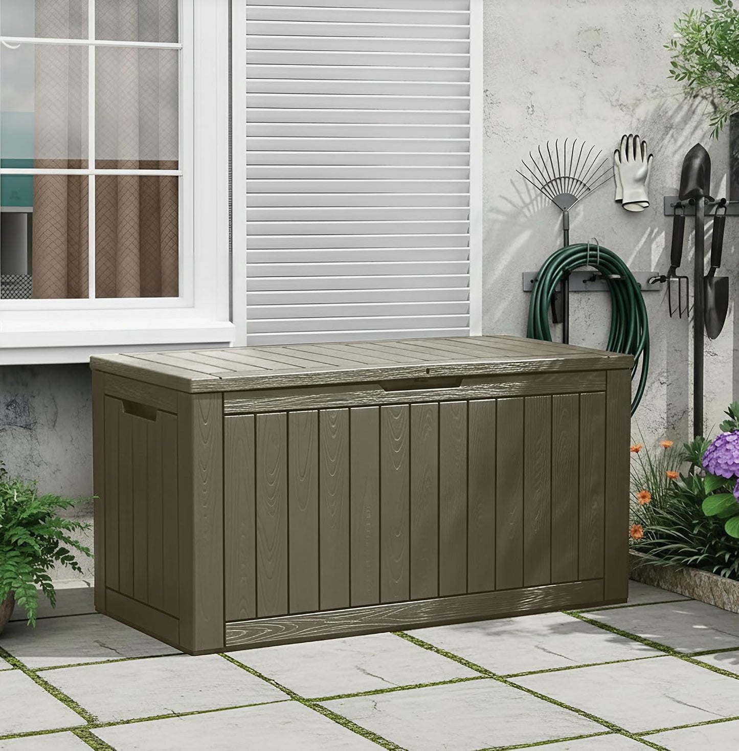 KAMABOKO 31 Gallon Outdoor Storage Box, Resin Deck Boxes Indoor and outdoor, Waterproof Storage Box Lockable Lid for Garden Tools, Package Delivery, Pool Supplies, Patio Cushions, Black