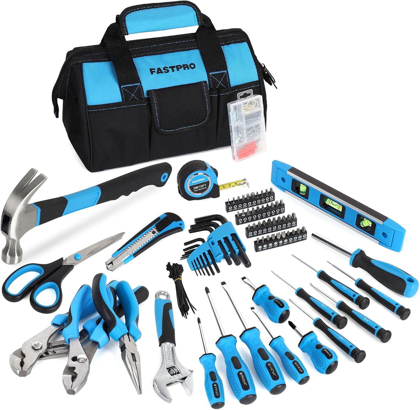 FASTPRO 220-Piece Home Tool Set, Household Repairing Tool Kit, with 12-Inch Wide Mouth Open Storage Tool Bag, Green