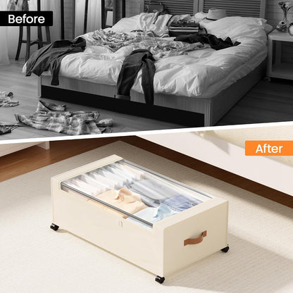 Yecaye Under Bed Storage with Wheels, 2 Pack Under Bed Storage Containers, 60L Underbed Shoe Storage with Clear Window & Label, Rolling Under Bed Metal Drawer for Clothes, Shoes, Books, Blankets