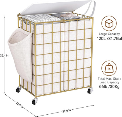 Laundry Basket with Wheels, Heavy Duty Laundry Sorter 2 Sections, 120L (32Gal.) Large Capacity Laundry Hamper with Wood Lid, 360 Rolling Wheels, Extra Side Pocket, Leather Pull Handle, Beige