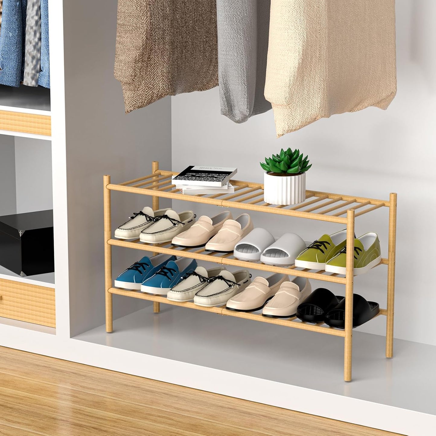 ROMGUAR CRAFT 3 Tier Bamboo Shoe Rack for Closet Free Standing Wood Shoe Shelf Storage Organizer for Entryway Small Space Stackable 27"x11"x20" (Natural)