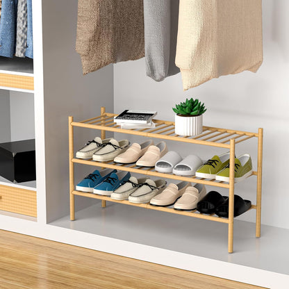 ROMGUAR CRAFT 3 Tier Bamboo Shoe Rack for Closet Free Standing Wood Shoe Shelf Storage Organizer for Entryway Small Space Stackable 27"x11"x20" (Natural)