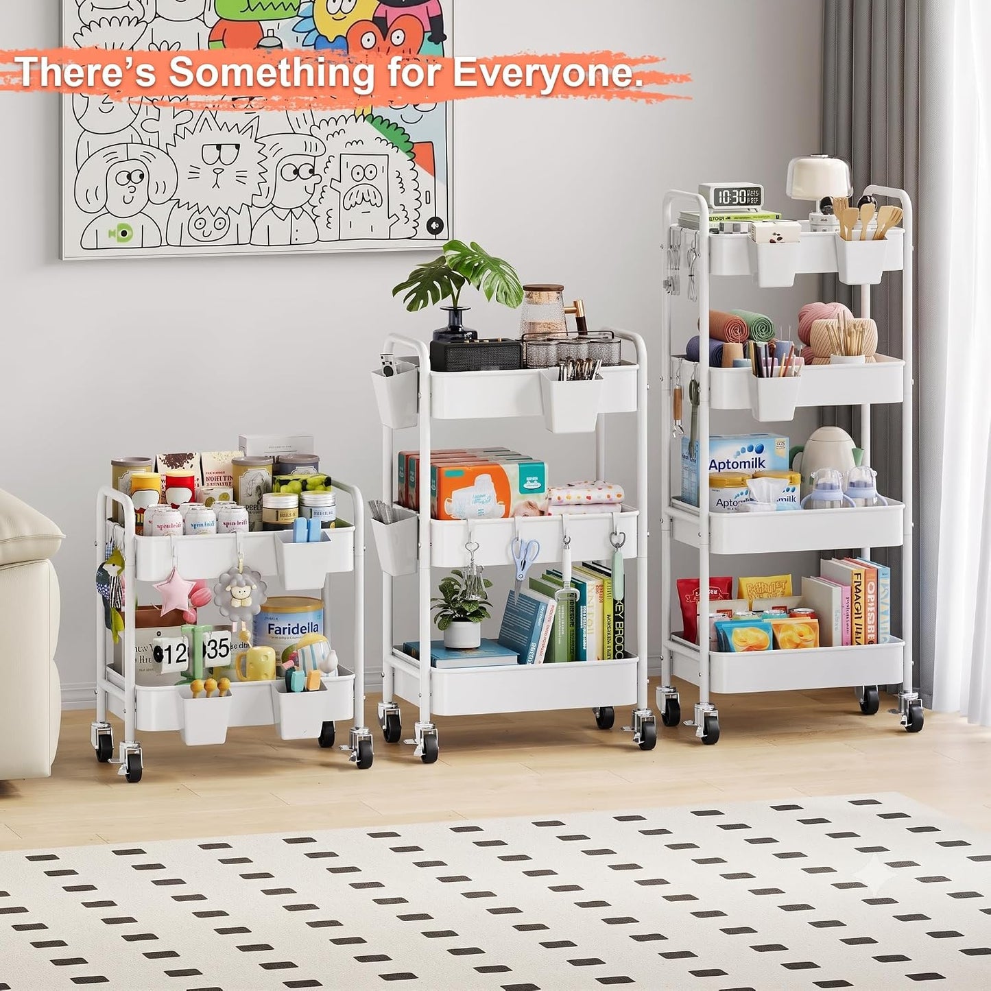 2 Tier Small Rolling Cart Metal with Wheels, White Under Desk Storage Cart on Wheels, Short Utility Roller Caddy Carts Organizer for Art,Craft,Pantry,Bathroom, Two Tiered Shelf Trolley,22 Inches Tall