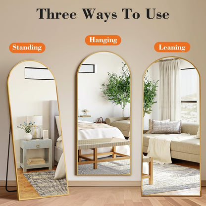 DUMOS 64"x21" Arched Full Length Floor Mirror, Full Body Mirror with Stand, Shatterproof Tempered Glass, Modern Aluminum Alloy Frame, Free Standing or Leaning for Home Decor, Gold