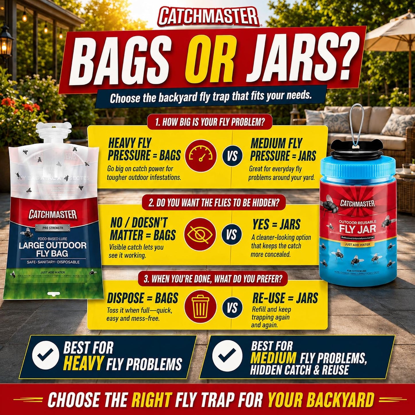 Catchmaster Reusable Outdoor Fly Trap, 2 Hanging Blue Jars with Bait | Catches All Species of Fly, Fly Traps Outdoor w/ Food-based lure, Odor Attracts Flies Away From People, Refill & Reuse