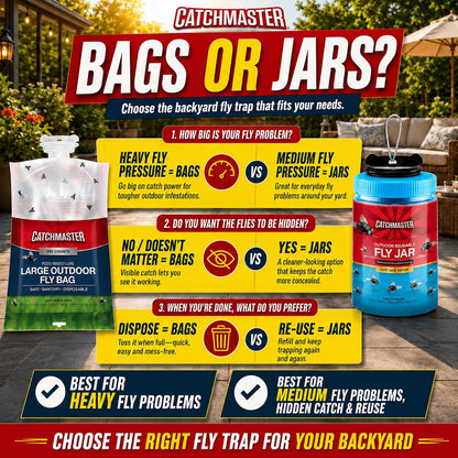 Catchmaster Reusable Outdoor Fly Trap, 2 Hanging Blue Jars with Bait | Catches All Species of Fly, Fly Traps Outdoor w/ Food-based lure, Odor Attracts Flies Away From People, Refill & Reuse