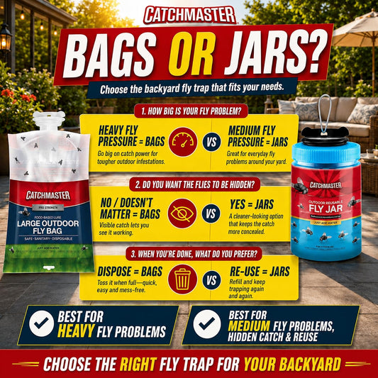 Catchmaster Reusable Outdoor Fly Trap, 2 Hanging Blue Jars with Bait | Catches All Species of Fly, Fly Traps Outdoor w/ Food-based lure, Odor Attracts Flies Away From People, Refill & Reuse
