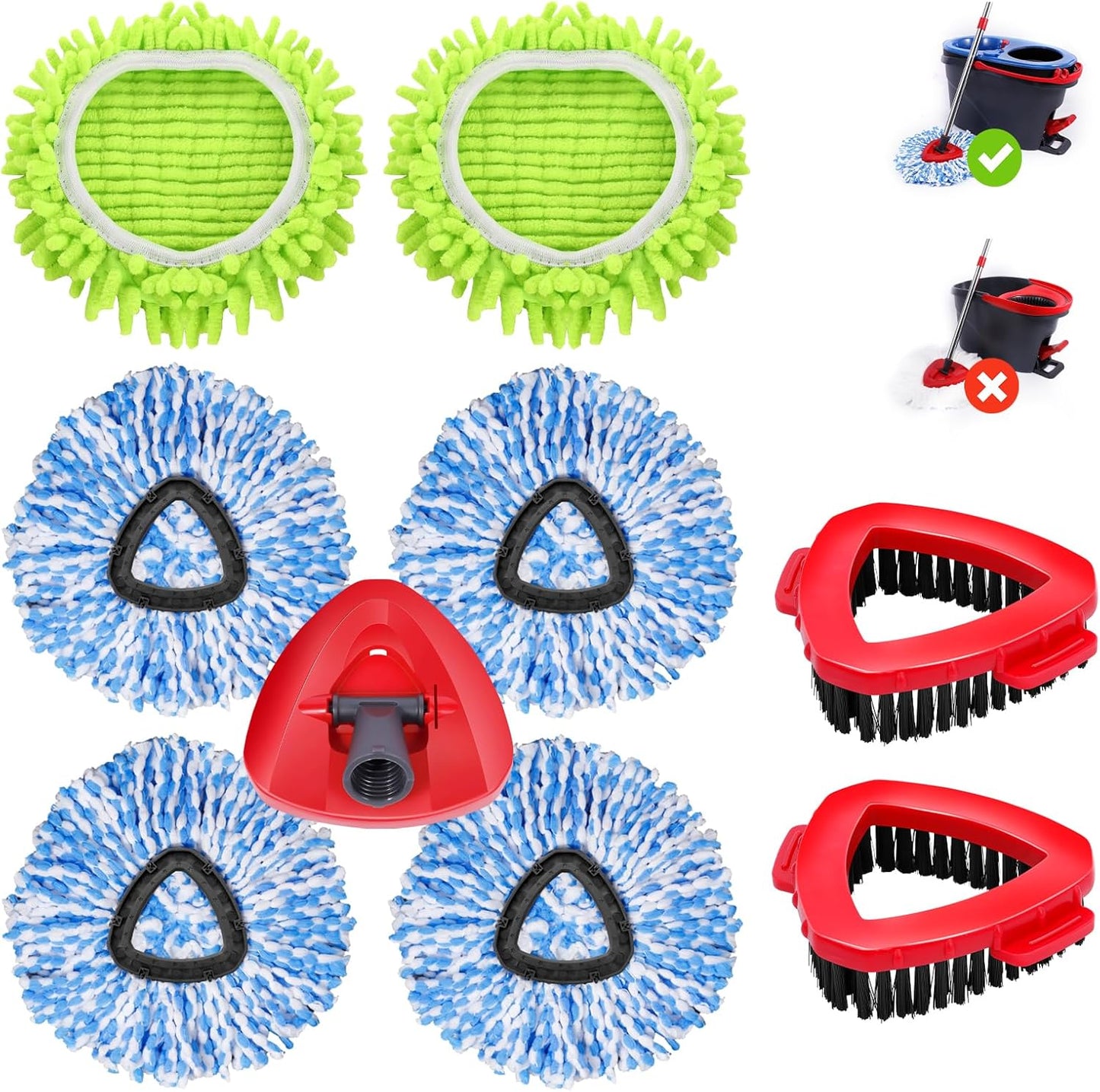Spin Mop Head Refills Compatible with OCedar RinseClean 2-Tank System - 6-in-1 Kit Includes 4 Microfiber Replacement Heads, 1 Mop Base & 1 Scrub Brush - Machine Washable Floor Cleaning Set