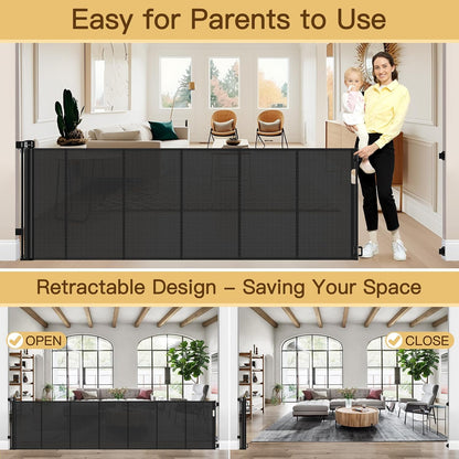 Reinforced 55" Wide Retractable Baby Gates with Reinforced Strips, Indoor/Outdoor Retractable Dog Gate for Doorway Prevent Bottom Drilling Through, No Bottom Bar Safety Mesh Baby Gate for Stair, Black
