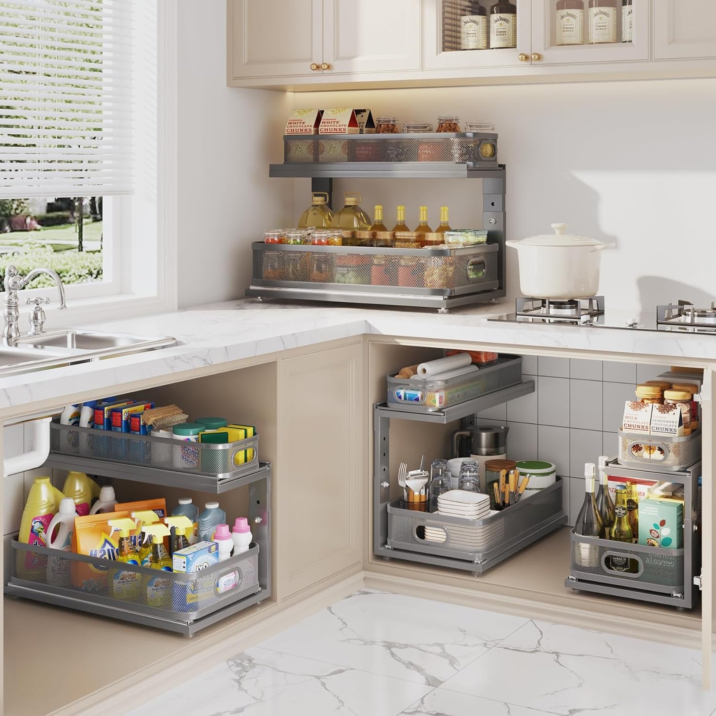 2 Pack 18.5IN-Depth Under Sink Organizer With Next-Gen Ball-Bearing Slides,2-Tier Precision Mesh Pull Out Cabinet Storage for Bathroom&Kitchen,Height Adjustable Drawers Shelf,Anti-rust-White