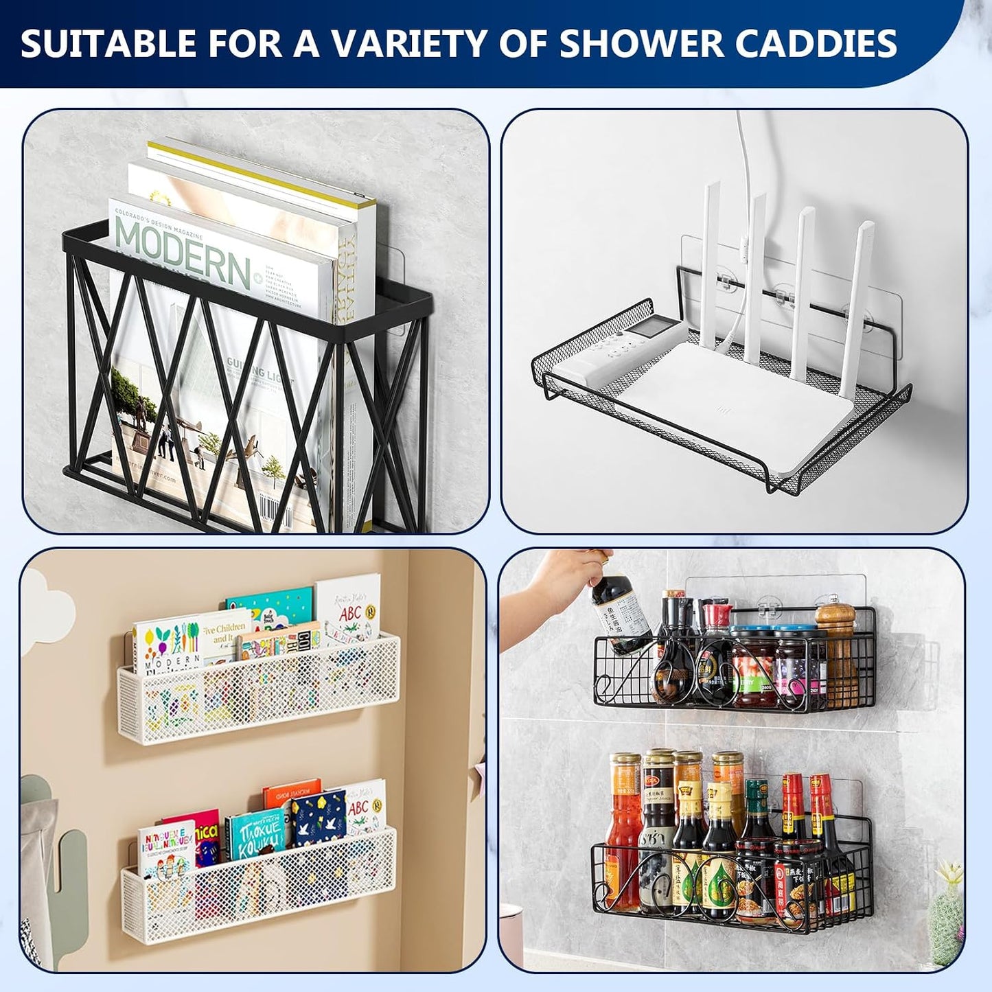 14 Pack Heavy Duty Shower Caddy Adhesive Replacement, 55 LB Hold | Up to 55 LB hold; Waterproof Shower Shelf Adhesive in 3 Hook Styles for Caddies, Shelves, Soap Holders and Racks.